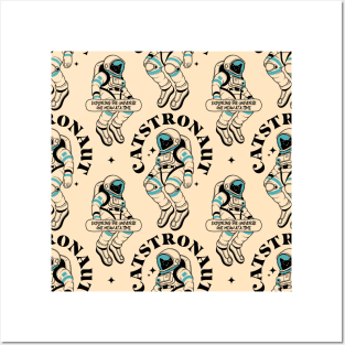 Astronaut Black Cat Pattern in beige Posters and Art